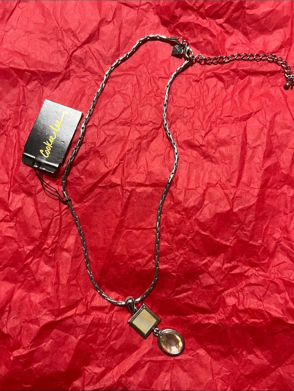 Cookie Lee Silver-Tone Necklace with Yellow Square and Champagne Teardrop